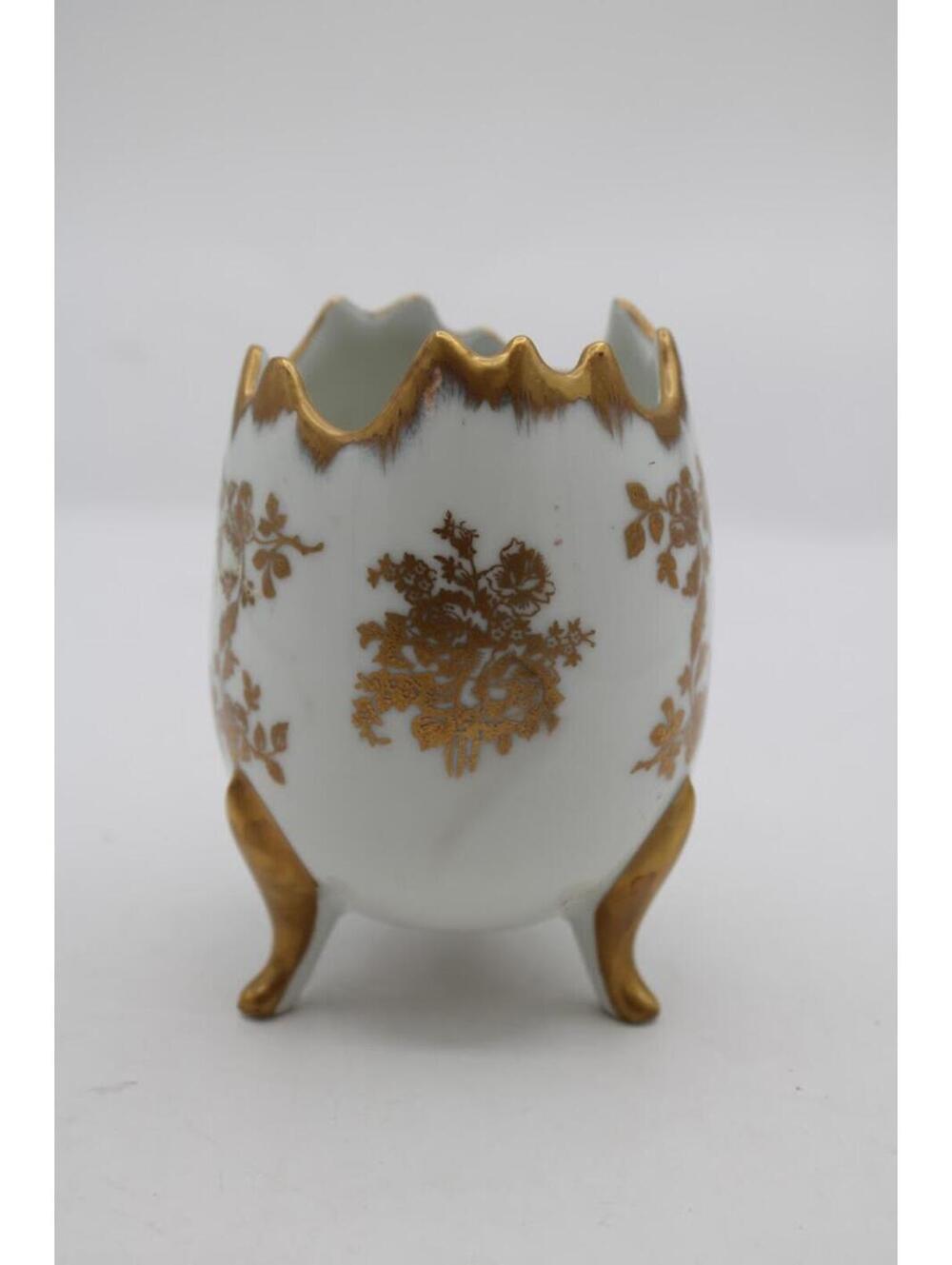 Vintage Limoges France Hand Painted 3 Footed Gold Trim Floral Cracked Egg Vase